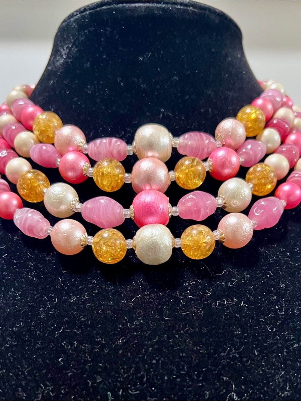Vintage Japan- Pink, Gold and Pearl Multi-Strand Beaded Necklace